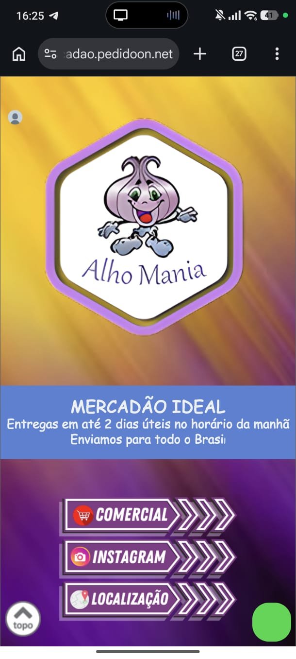 Tela real de entrada do cardápio digital Alho Mania, com a logo e os acessos comercial, Instagram e localização
